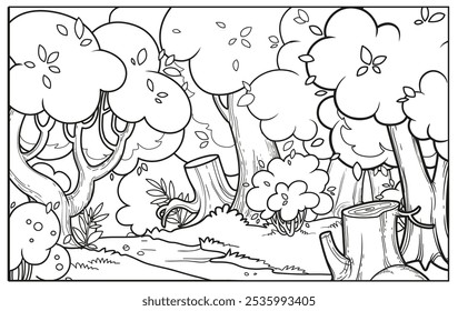 Old fairy tale forest with path outlined for coloring page isolated on white background. Image produced without the use of any form of AI software at any stage.