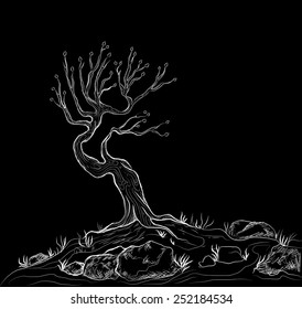 old fairy tree  on black background, carving , vector