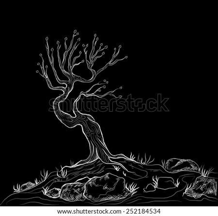 old fairy tree  on black background, carving , vector