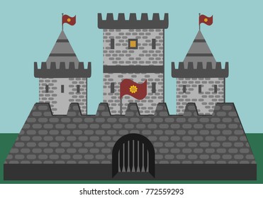 Old fairytale castle with flags. stone fortress.