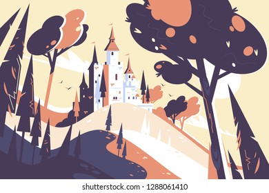 Old fairytale castle standing on hill landscape. Chateau surrounded with trees and plants vector illustration. Fairy medieval building located in forest flat style concept