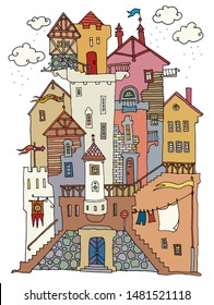 Old Fairytale Castle with towers hand-drawn, vector illustration