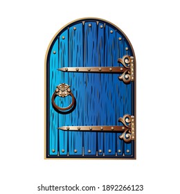 Old fairytale door with forged handles. A double-leaf door painted with blue paint with gold metal decorations. Fairy tale door to a magical land. Vector illustration isolated on a white background.