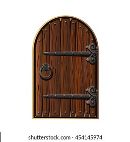 Old fairytale door with forged handles. Antique door with forged metal jewelry. Vector illustration isolated on a white background.