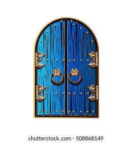 Old fairytale door with forged handles. A double-leaf door painted with blue paint with gold metal decorations. Fairy tale door to a magical land. Vector illustration isolated on a white background.