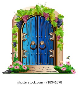 Old fairytale door with forged handles. A double-leaf door painted with blue paint with gold metal decorations. Fairy tale door to a magical land. Vector illustration isolated on a white background.