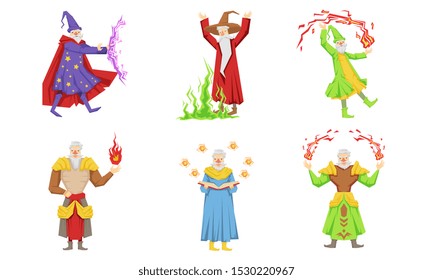 Old Fairytale Wizard Characters Set, Male Magician or Warlock in Robe Practicing Wizardry Vector Illustration