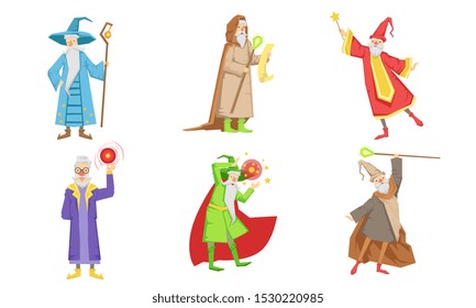 Old Fairytale Wizard Characters Set, Male Magician or Warlock in Hat and Mantle Practicing Wizardry Vector Illustration