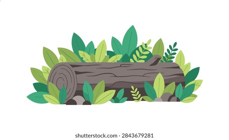 Old fallen tree log lying on the ground surrounded by various vibrant green forest leaves, plants, and small stones.