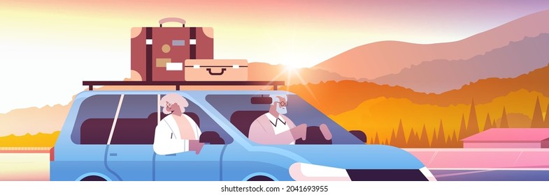 Old Family Driving In Car On Weekly Holiday Senior African American Travelers Couple Traveling By Car Active Old Age