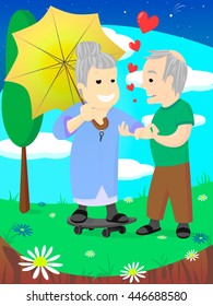 Old family, elderly couple in love, celebrate wedding date, women with umbrella on skate, man holding her