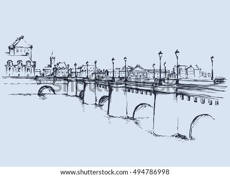 Old famous stone bridgework road, Ile de la Cite. Freehand outline ink hand drawn picture sketchy in art retro doodle contour style pen on paper. Panoramic scenic view with space for text on white sky