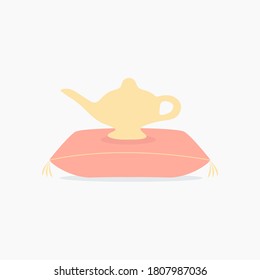 old fantasy arabian magical genie or aladdin lamp flat design vector on red royal pillow. magic & dreams come true isolated cartoon. simple clean golden persian treasure illustration white background