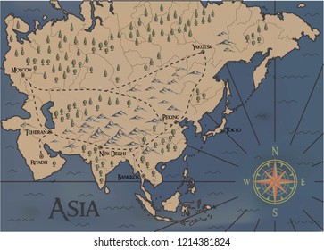 Old, fantasy themed Asia vector map.