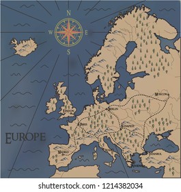 Old, Fantasy Themed Europe Vector Map.