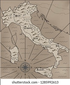 Old, Fantasy Themed Italy Vector Map.