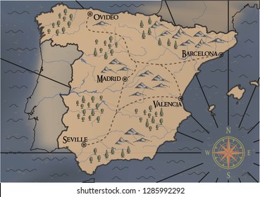 Old, fantasy themed Spain vector map.