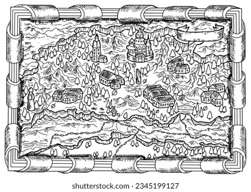 Antiguo mapa vectorial de fantasía con tierras medievales desconocidas, pueblos, montañas y árboles y antiguo marco barroco. Ilustración de líneas gráficas, concepto de página de coloreado