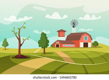 Old farm flat vector illustration. Wooden barnhouse, livestock shed and vintage water tower in green fields. Idyllic farming area landscape. Windmill generating clean energy. Eco agribusiness concept