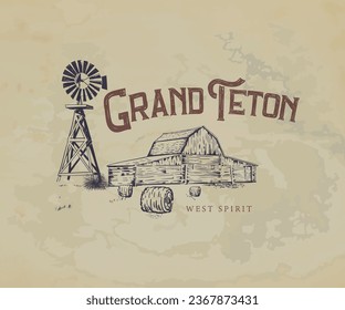 old farm house vector illustration, western vintage landscape art, cowboy desert artwork for t shirt, sticker, poster, sticker, vintage typography design, grand teton