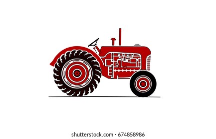 Old farm tractor side on view illustration