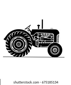Old farm tractor side on view illustration - black