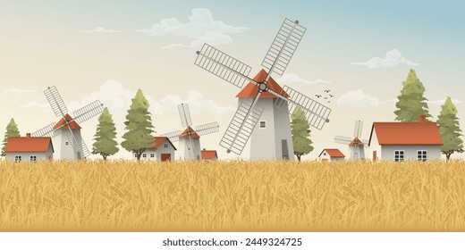 Old farm, village and windmill in wheat field in the morning vector illustration. Countryside concept with gold colors barley field. 