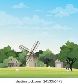 Old farm windmill and livestock in grass field have blue sky background have blank space. Countryside life concept vector illustration.