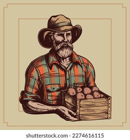 An old farmer with a beard in a hat holds a box with an autumn harvest.