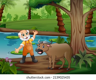Old farmer with a buffalo in a nature illustration