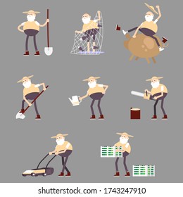 Viejo granjero excavando, capturando peces, regados, sentados en un cerdo, cortando leña, arando hierba, dragando cajas