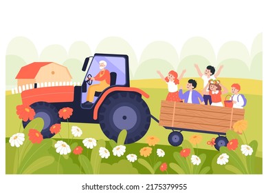 Un viejo granjero conduciendo un tractor con niños en un remolque. Felices niñas y niños divertidos, sentados y sosteniendo una cesta llena de bayas frescas ilustración vectorial plana. Tiempo de verano, vacaciones, concepto de granja