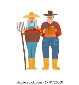 Old farmer with his wife. Elderly couple og gardeners. Senior Grandpa and grandma standing wwith local harvest. Vector flat cartoon illustration.