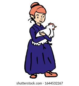 Old farmer lady in violet vintage apparel dress on white isolated backdrop. Happy housewife smiles and holds chicken. Black line element design art for color book. Stock vector illustration