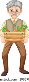 Old farmer man holding wooden crate of carrots isolated illustration
