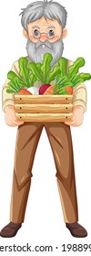 Old farmer man holding wooden crate of vegetable isolated illustration