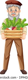 Old farmer man holding wooden crate of vegetable isolated illustration