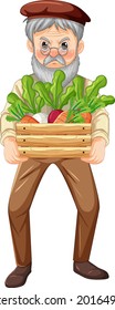 Old farmer man holding wooden crate of vegetable isolated illustration