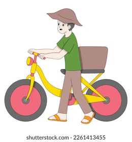 Der alte Bauer ging mit einem großen Korb auf seinem Fahrrad spazieren. Vektordesign-Illustration