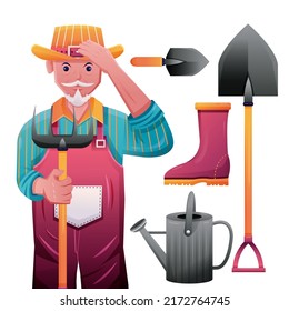 Old Farmer Man Wearing Hat And Holding Rake And Farm Equipment, Tools, Boots And Watering Can In Cartoon Character On White Background, Vector Illustration