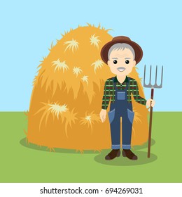 Old farmer with a pitchfork and a haystack. Vector illustration in flat style