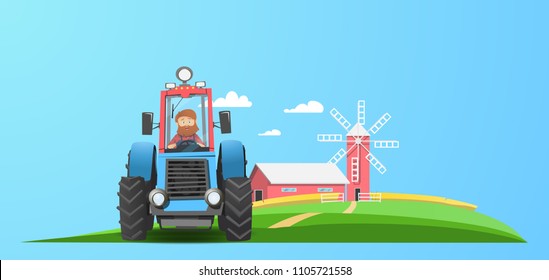 Old farmer with a red beard. Tractor near the farm. A field of wheat. Mill and Barn