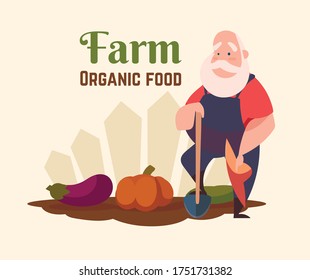 An old farmer with a shovel in a vegetable patch. Vector illustration in cartoon style.