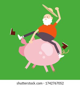 Old farmer sits astride a pig. Color vector flat cartoon icon isolated on green