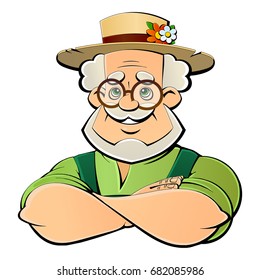 Old farmer in a sneak hat. Logo.