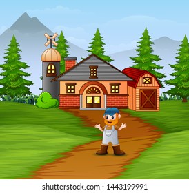 Old farmer standing showing his farmhouse