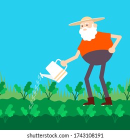 Old farmer watering garden with can. Color vector flat cartoon icon 