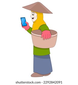 old farmer woman holding cell phone making video call. vector design illustration art