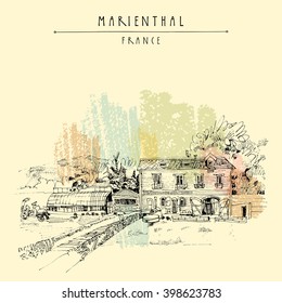 Old farmhouse in Marienthal, France, Europe. A nice countryside view with a farm. Handdrawn vintage postcard, book illustration or poster template in vector