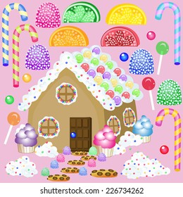 old fashion candy and gingerbread house/Create a candy house scene/Each piece is on a separate layer to create your own scene